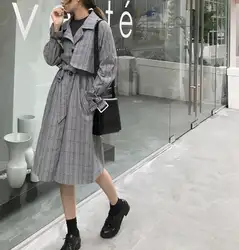 2018 мода двубортный ремень Длинный плащ пальто Для женщин 2018 осень-зима Корейская свободная Повседневное тонкая ветровка Abrigos Femme