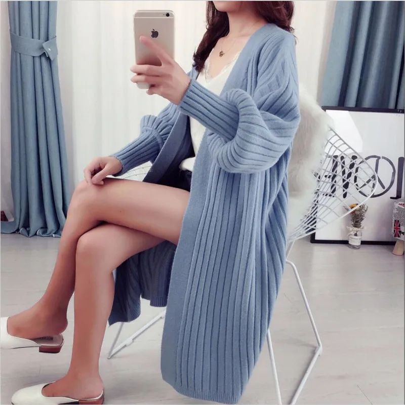 Free Size Women Autumn Long Sweater Cardigans Winter Thick Warm Solid Knitting Cardigans Puff Sleeve Slim Vestido