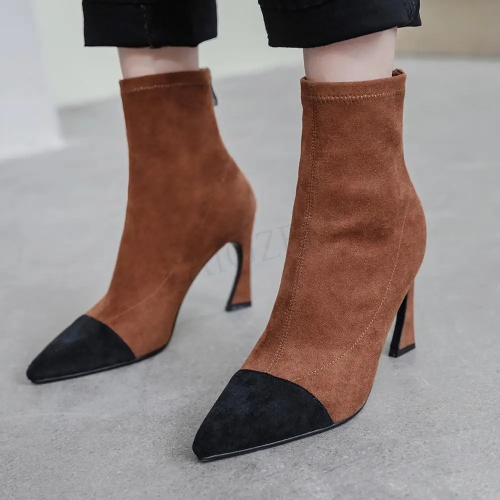 

LAIGZEM Celebrity Women Ankle Booties Hoof Stiletto Heel Back Zip Patchwork Boots Shoes Faux Suede Botines Mujer Size 34-39
