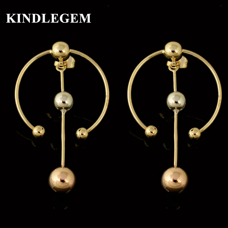 

Kindlegem Italian Designer High Fashion Three Tones Circle Line Ball Dangle Earrings 750 Gold Rose Silver Color Brinco For Women