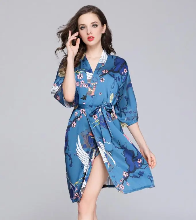 robe 7 Женское платье-пеньюар, летнее атласное кимоно, халат, платье с цветочным рисунком павлина, свадебное платье для невесты, платье подружки невесты, мини-ночная рубашка, домашняя одежда - Цвет: robe 7