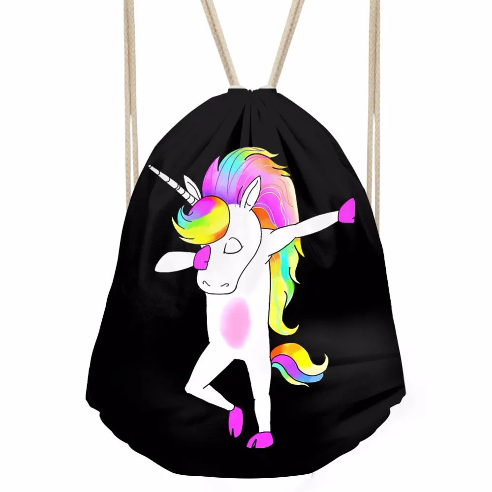 ThiKin Funny Colorful Cartoon Unicorn Panda Dabbing Print Women Men Drawstrings Bags Softback Storage Bags Beach
