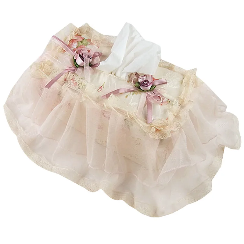 Tissue Boxes Cover Embroidery Towel Box Cover Tissue Pumping Paper Towels Box Cover Ware Pink Mary Pastoral Lace Fabric Covers