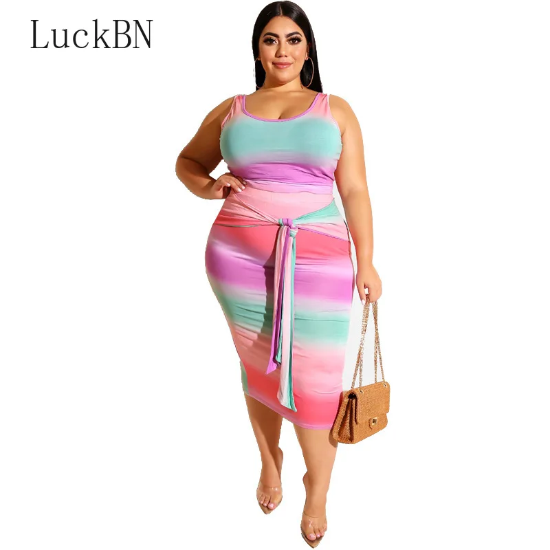 

Sleeveless Stripe Print Women Sets Fashion Summer Tight Two Piece Sets Bodycon Hip Skirt Set Casual Slim Dresses Plus Size 4XL