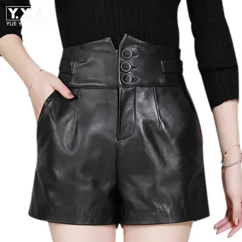 

Top Quality Women Genuine Leather Sheepskin Shorts Slim Fit Drawstring Solid Black High Waist Streetweat Sashes Female Shorts