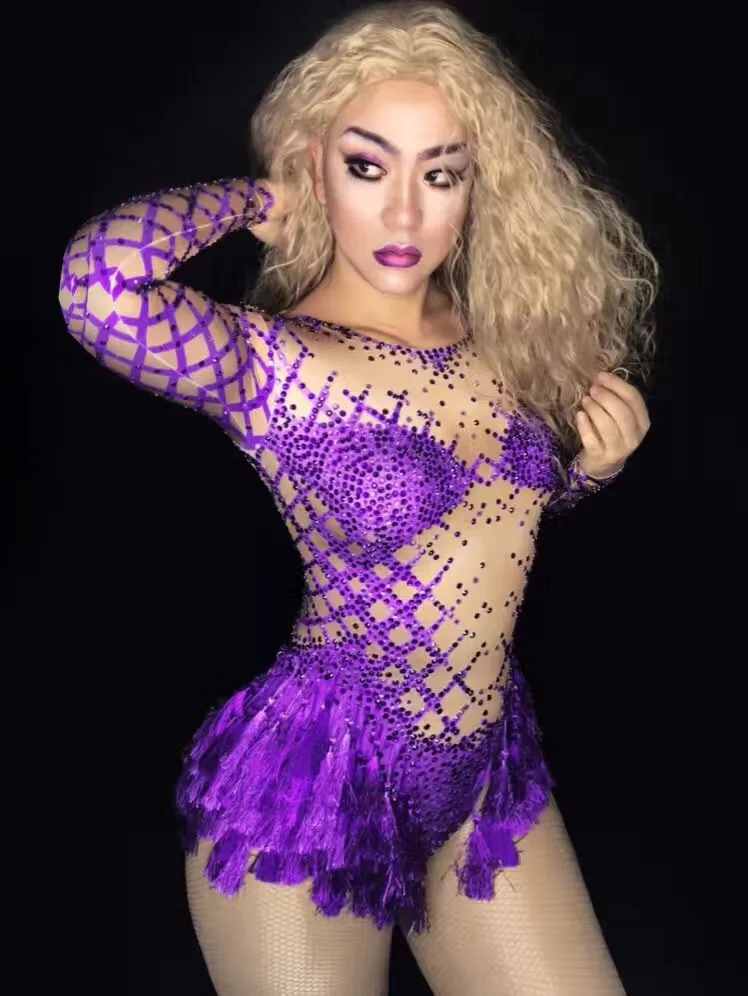 Модные, пикантные фиолетовые кристаллы с длинным рукавом тело костюм вечерние этап одежда танец для певцов в ночном клубе боди со стразами