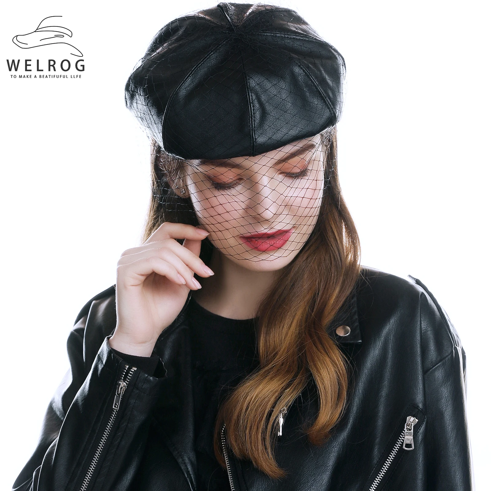 

WELROG Fascinating Black Winter Hat Chic Leather French Beret with Veil Mesh Show Double Layer Women Beret Beanies Cap