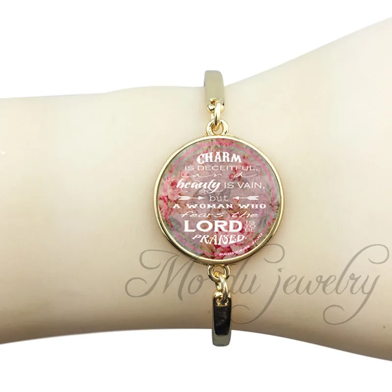 

Bible Verse Bracelet Charm Is Deceptive and Beauty is Fleeting Scripture Bracelets Quote Proverbs 31:30 Jewelry