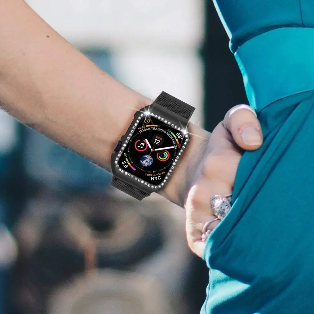 Ремешок+ Алмазный чехол для Apple Watch 38 мм 40 мм 44 мм 42 мм ремешок из нержавеющей стали Миланский Браслет-петля для iWatch 5 4 3 2 1 полосы