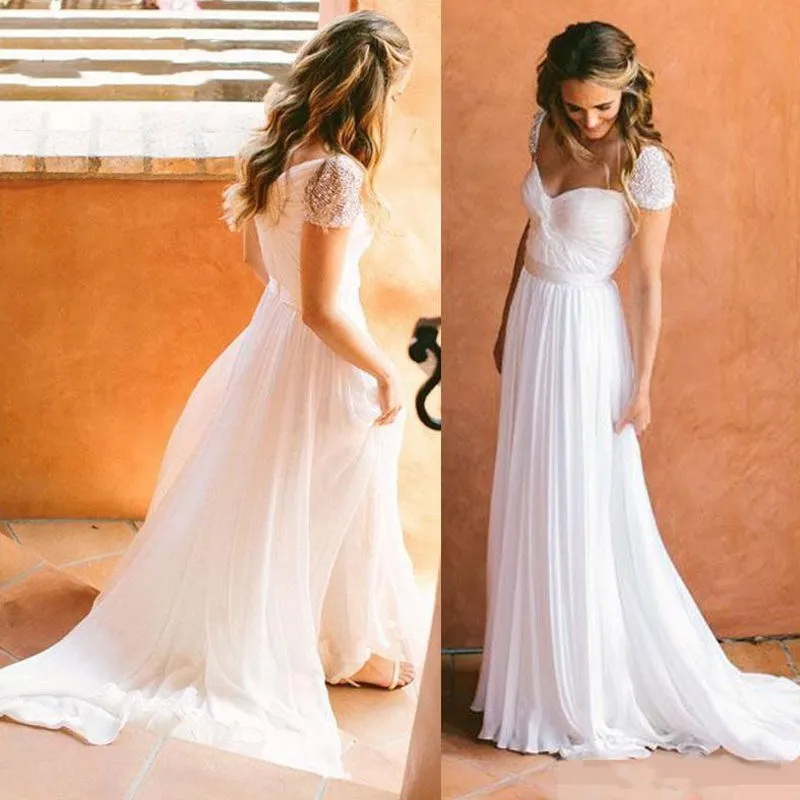 

Beach Vestido De Noiva 2019 Wedding Dresses A-line Sweetheart Cap Sleeves Chiffon Pearls Boho Dubai Arabic Wedding Gown Bridal