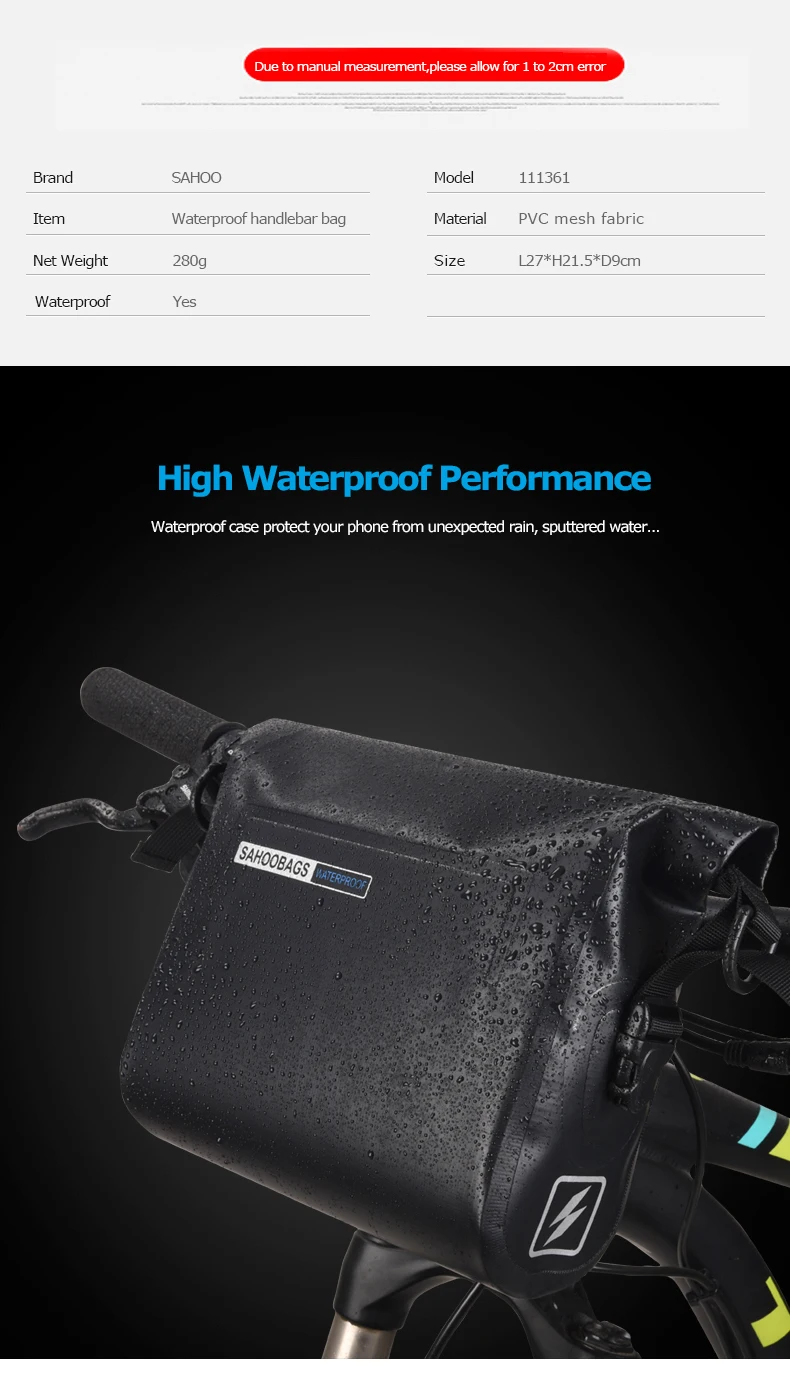 Clearance Sahoo 111361-SA Full Waterproof 3L Mountain Road Cycling Bike Bicycle Handlebar Bag Pannier Pouch Basket Dry Bag Shoulder Strap 4
