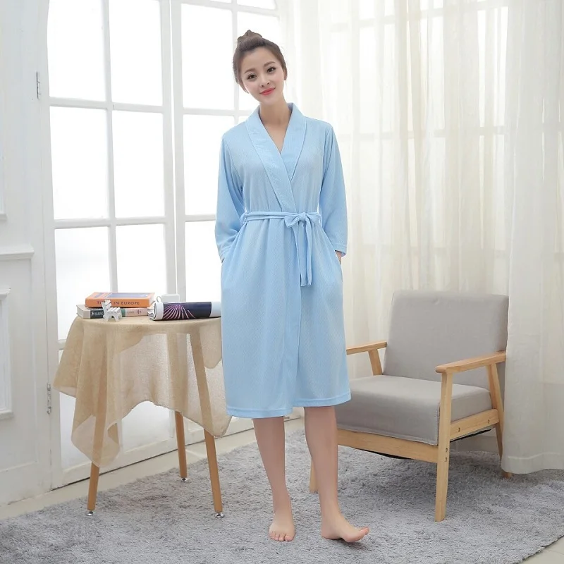

Polyester Doddy Breathable fabric Robes Knee-Length Autumn Spring Bathrobe Blue Women Sexy Robe Nightgown dress Female Lounge