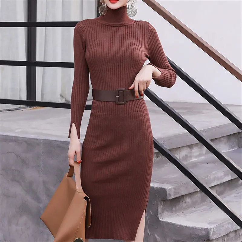 

Knitted Dress Women 2018 Winter New Arrivals Fashion Long Sleeve Sweater Dresses Ladies Bodycon Dress vestidos With Belt