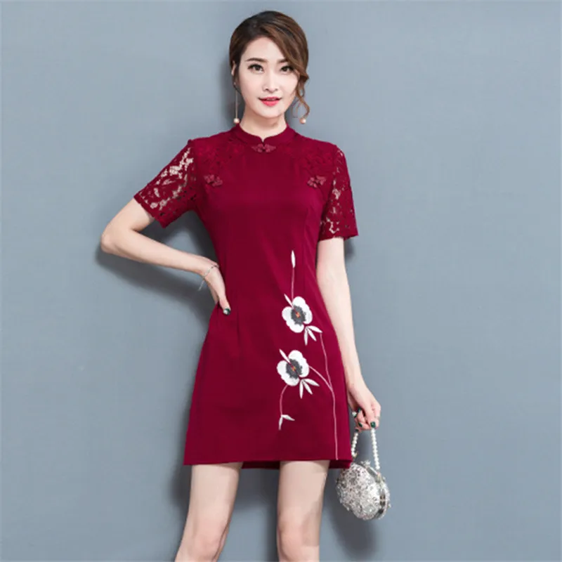 Летнее традиционное китайское платье Женская Ретро узкая кружевная вышивка пакет бедра короткий рукав Чонсам с вышивкой 3XL