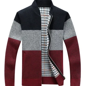 

Sweater 2019 new men fashion stitching slim fit zip-up sweater thickened with fleece v-neck male loose-fitting warm sweater coat