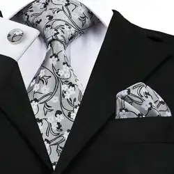 Для мужчин s галстук черный, белый цвет цветочный шелк жаккард галстук Ханки Запонки Набор Бизнес Свадебная вечеринка галстуки для Для