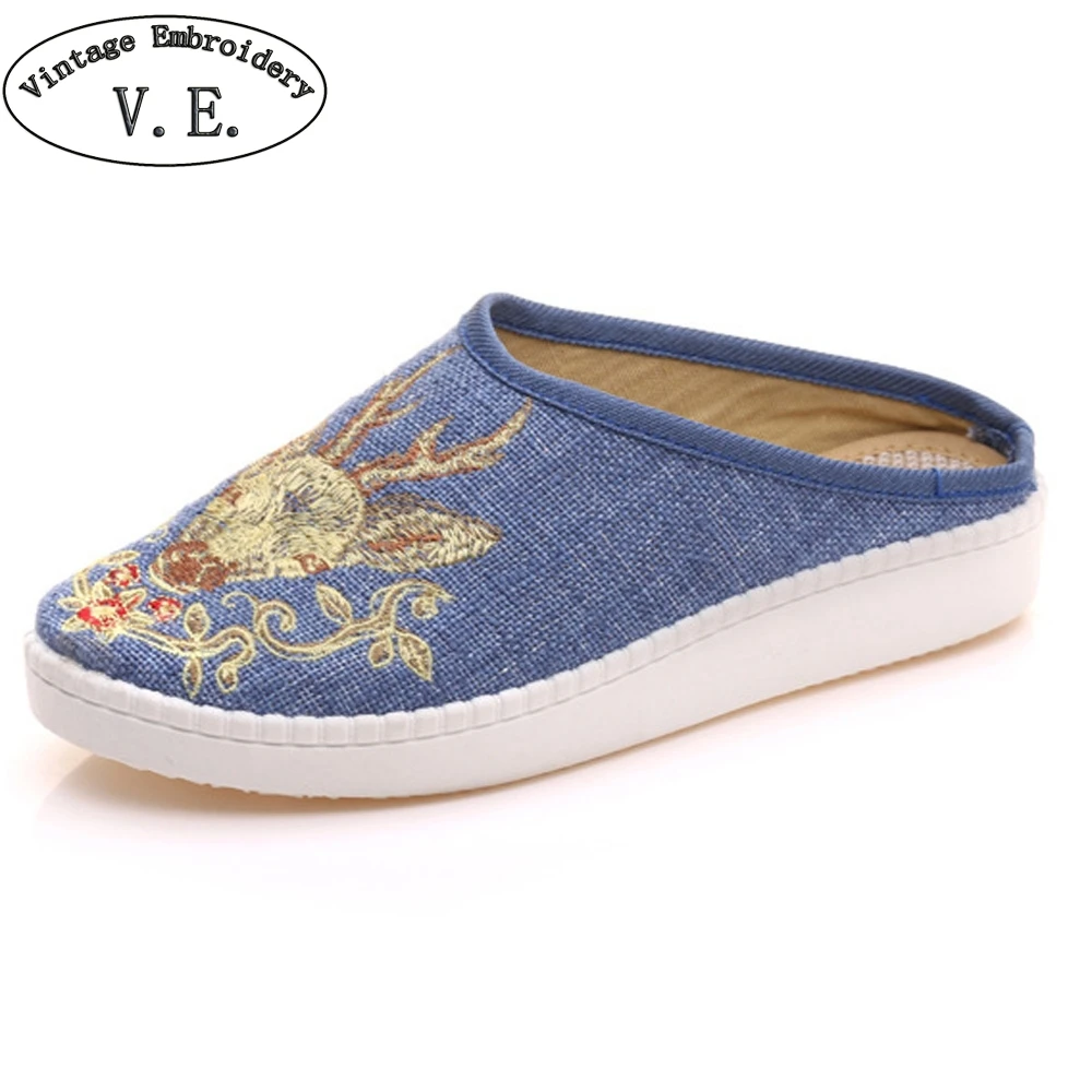 

Women Slippers Deer Embroidered Linen Slippers Soft Home Floor Fabric Casual Sandals Shoes For Woman Zapatillas Plus size 43