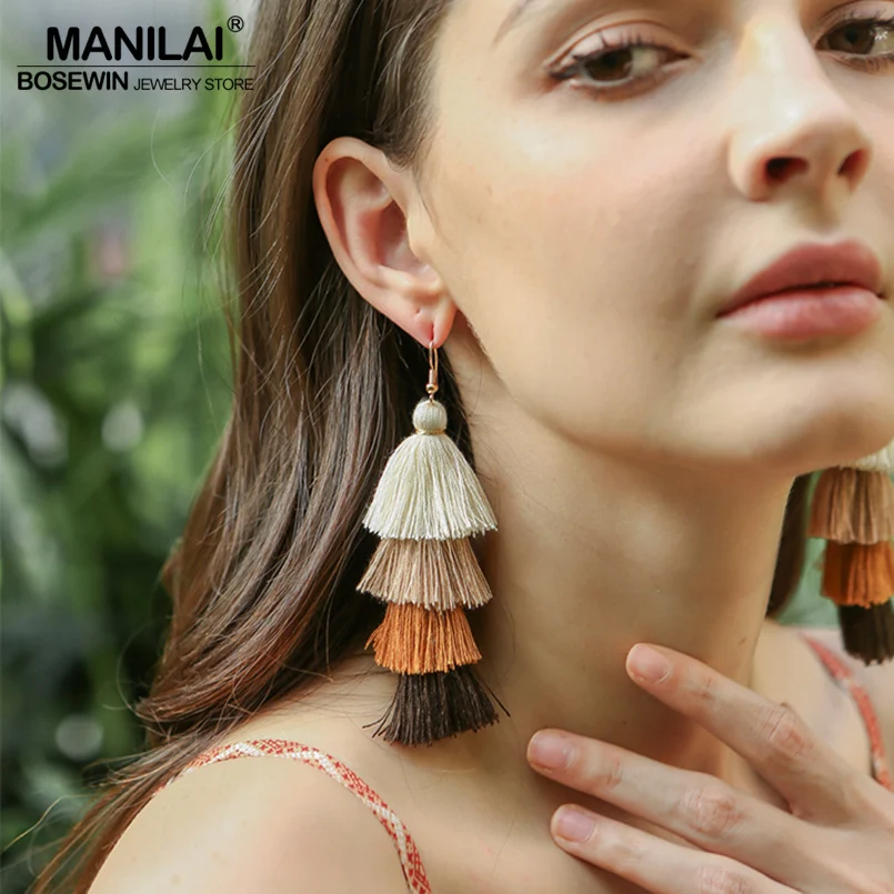 MANILAI Bohemia 4 Layered Tassel Earrings Dangle Earrings Fashion Jewelry Multi color Statement Fringe Long Earring For Women