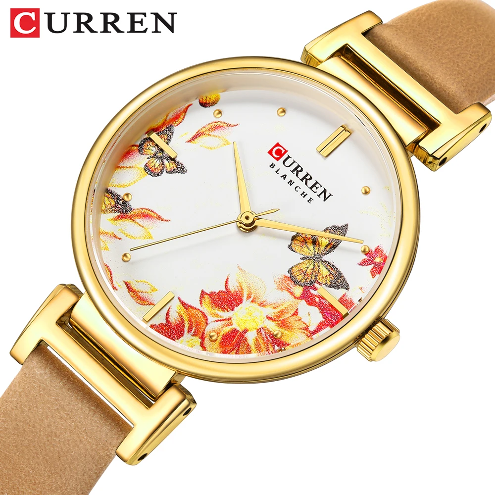 

CURREN New Arrival Women Watch Flower Butterfly Bohemia Quartz Lady Golden Leather Band Quality Female Watches Clock Reloj Mujer