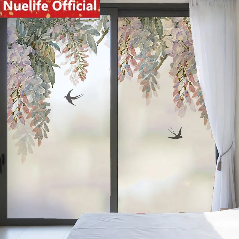 

cheap Bird plant flower pattern frosted electrostatic glass film bathroom living room kitchen balcony door window glass film