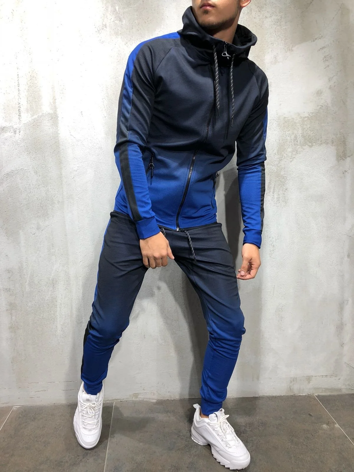 ZOGAA Men's Sportswear Two Piece Set Mens Casual Hooded Sports Wear Men's Tracksuit Training Sweat Suit Men Track Suit M-3XL - Цвет: Синий