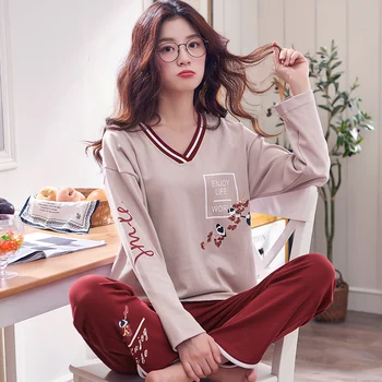 

100% Cotton Soft V-neck Pajamas Sets for Women 2019 Spring Autumn Long Sleeve Pyjama Sweet Girls Sleepwear Pijama Mujer Homewear
