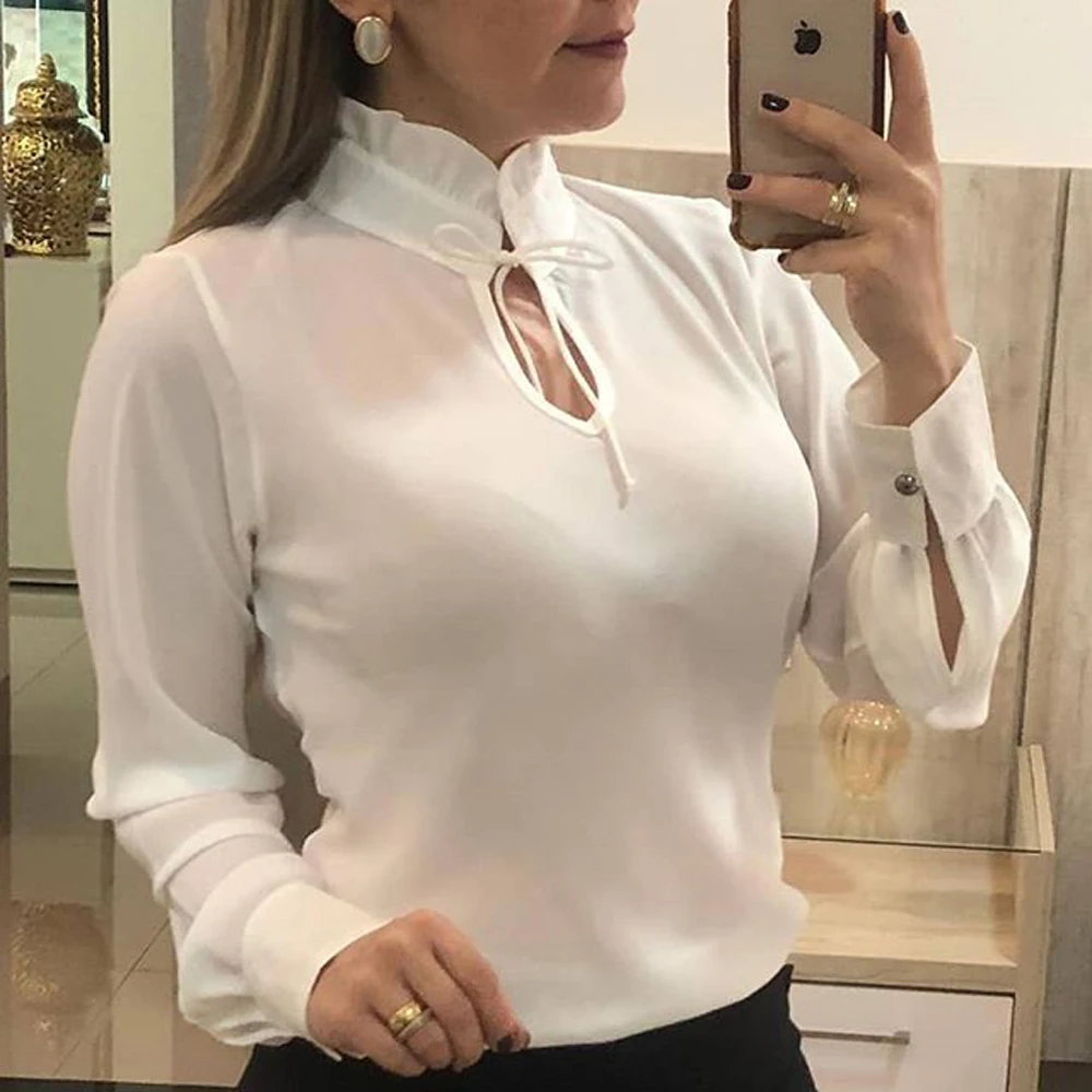 

AvoDovA Women Chiffon Blouses Casual Ladies Turtleneck Shirts Long Sleeve Solid Bow Plus Size Tops Spring Summer