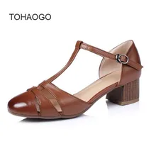 spring and summer new cow leather High heels buckle Crude heel round head retro sandals Female mid heel women's shoes