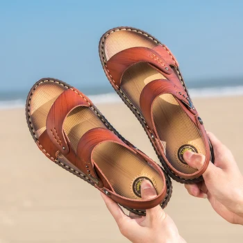 

TKN Men's Genuine Leather Sandals 2019 Summer Comfortable Outdoors Dual-Use Slippers Male Beach Shoes Man Trekking Sandals 6622