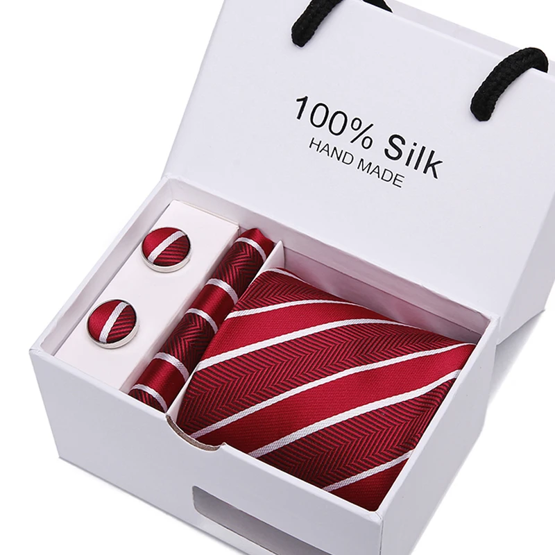  Red Striped 7.5 cm tie cufflink Handkerchief Check New 100% Silk Jacquard Woven Classic wedding bus