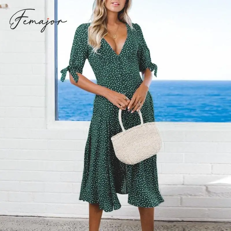

Femajor Women 2019 Autumn Dress Elegant High Waist Polka Dot Mid Dress Female Fashion V Neck Polka Dot Dress Mujer Party Vestido