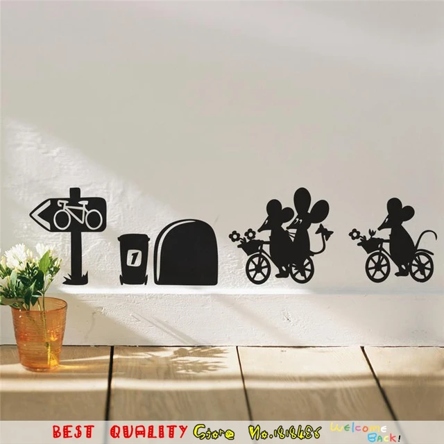 cute little mouse ride flower henna waterproof wall stickers black