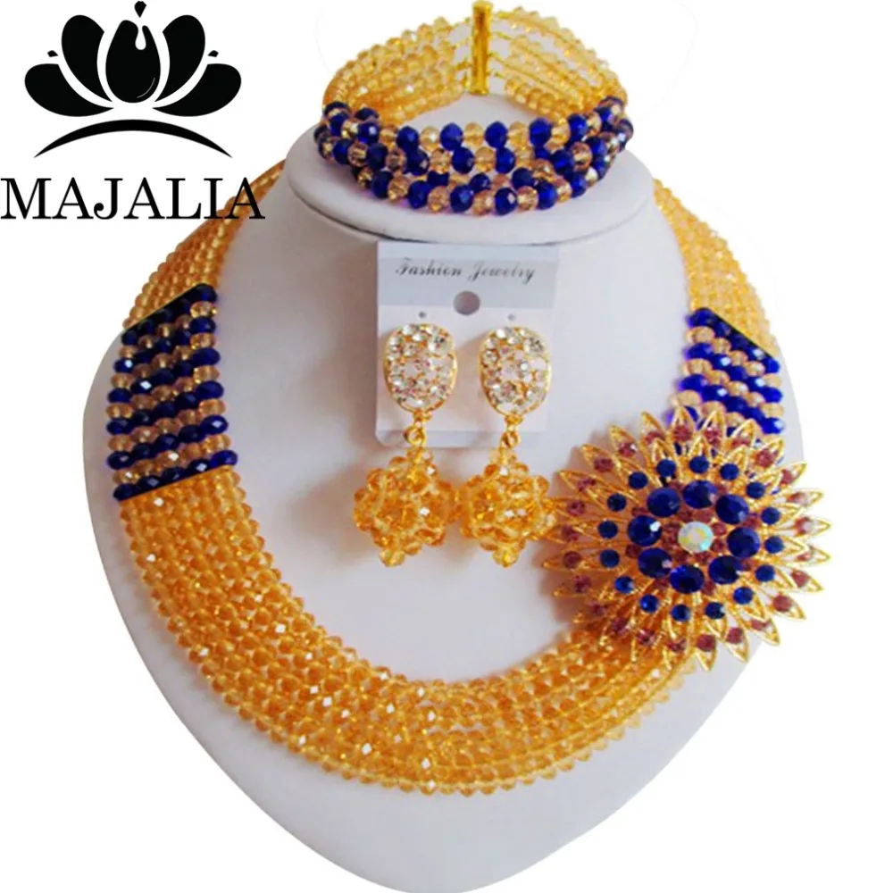 

Majalia Fashion Nigeria Wedding African Beads Jewelry Set Gold Champagne and Blue Crystal Necklace Bridal Jewelry Sets 5XC005