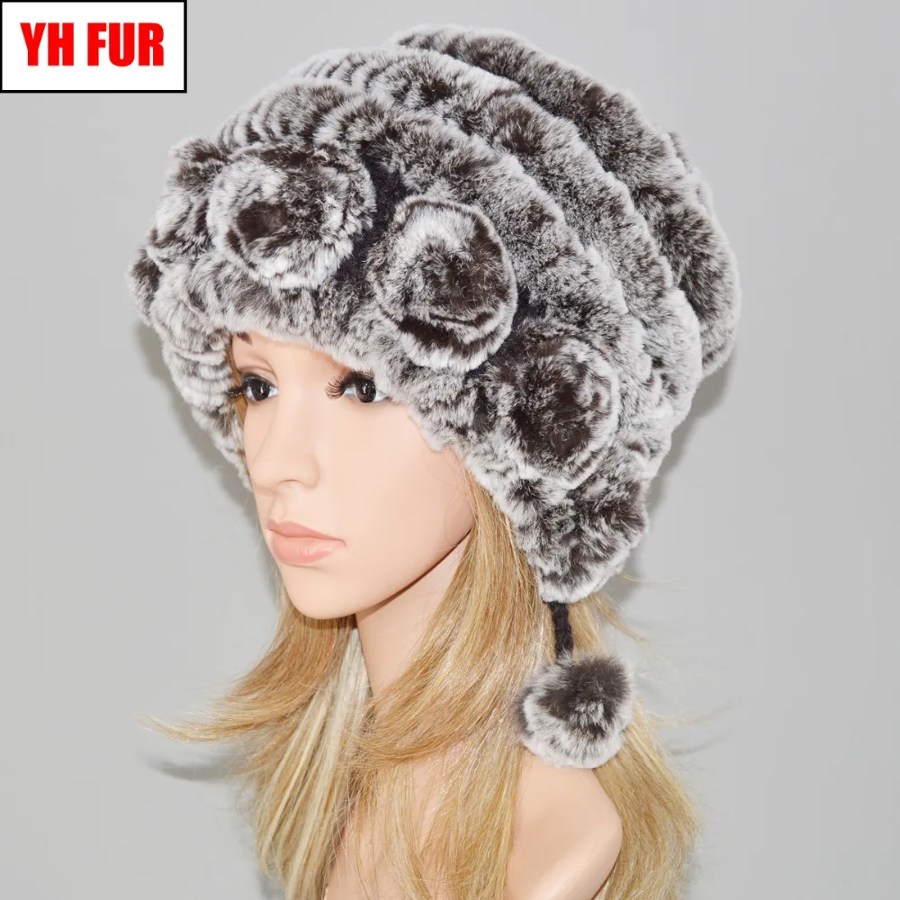 

2019 New Style Real Rex Rabbit Fur Hat Knitted Striped Floral Rex Rabbit Fur Beanies Hats Winter Warm Soft Rex Rabbit Fur Cap