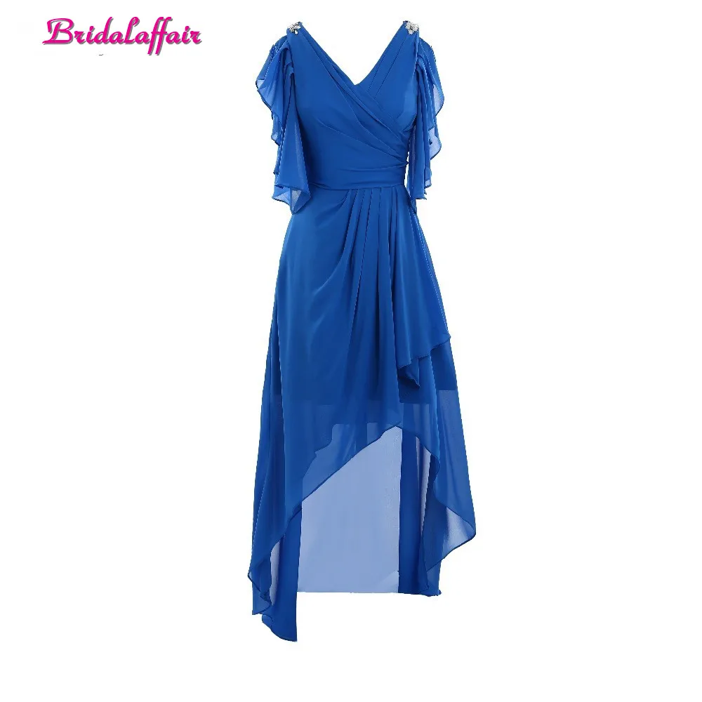 

Real Photo Blue Beach V Neck Prom Dress 2017 Cheap 1/2 Sleeve Tea Length Chiffon Party Gown Custom made Criss Cross Formal Gowns