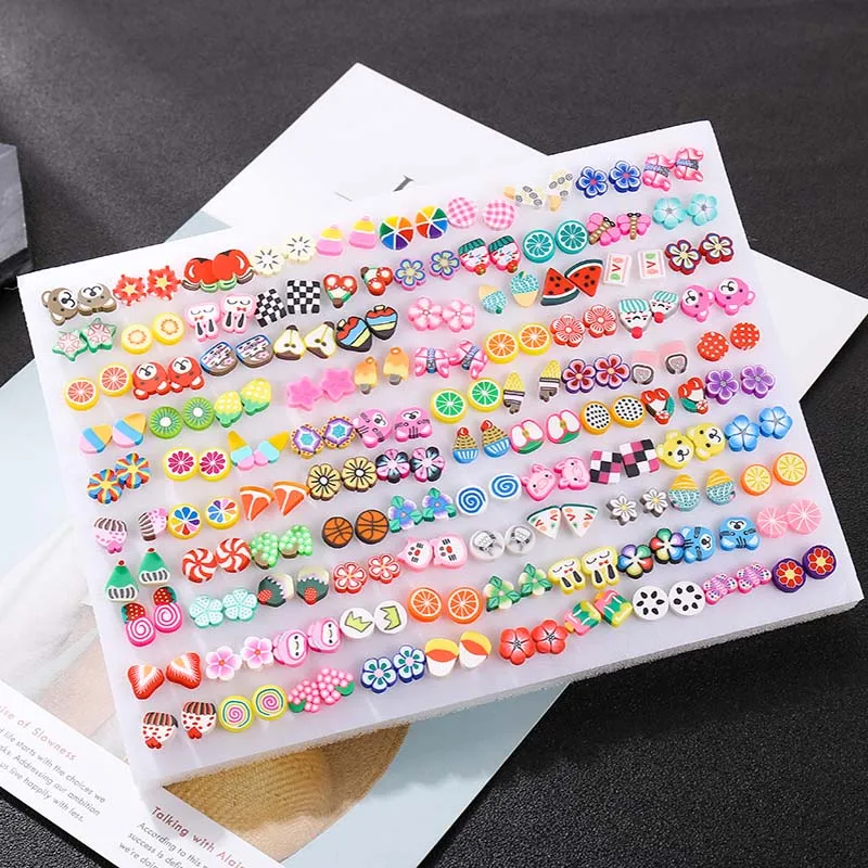 100 пар/компл. Симпатичные Фрукты завод серьги-гвоздики с животными комплект микс для Для женщин девочки; Дети Ювелирные изделия гипоаллергенный глина серьги подарок