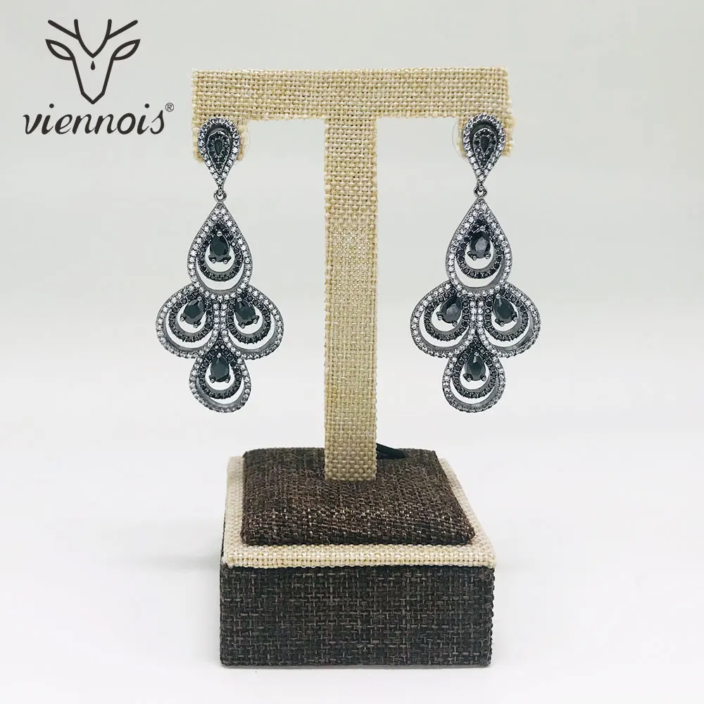 Женские серьги капельки Viennois розовые/черные с цирконием AAA для свадебной
