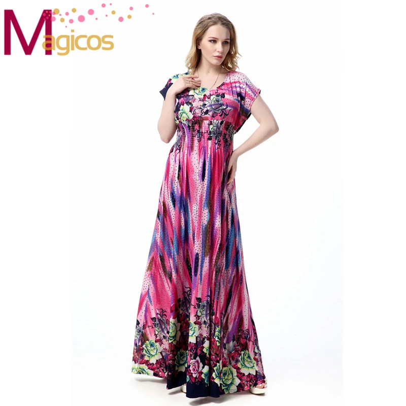 New Summer Women Plus Size Vestidos Red Floral Print Maxi Long Dress Ladies Short Sleeve Beach Wear Oversize plus-floral-dress : image New Summer Women Plus Size Vestidos Red Floral Print Maxi Long Dress Ladies Short Sleeve Beach Wear Oversize plus-floral-dress
