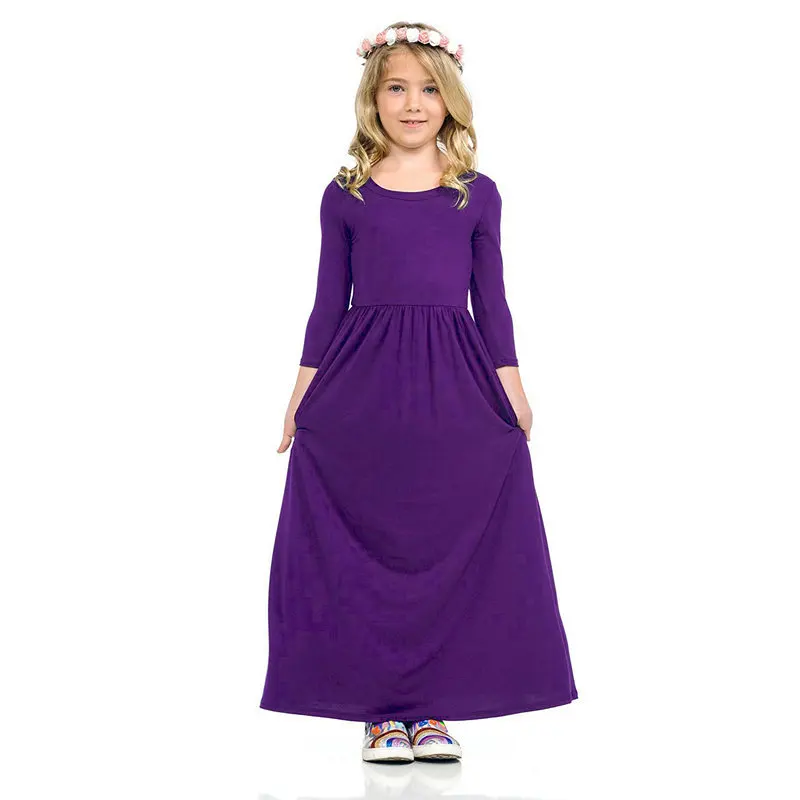 8 цветов, модные короткие однотонные платья для девочек, весенне-осеннее платье макси с длинными рукавами, детское праздничное платье принцессы для детей от 3 до 10 лет - Цвет: Purple