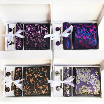 

Unique Design Fashion Retro Business Quality Men's Dress Tie Pocket Towel Cufflinks Paisley Gift Box 6 Piece Accessory Set