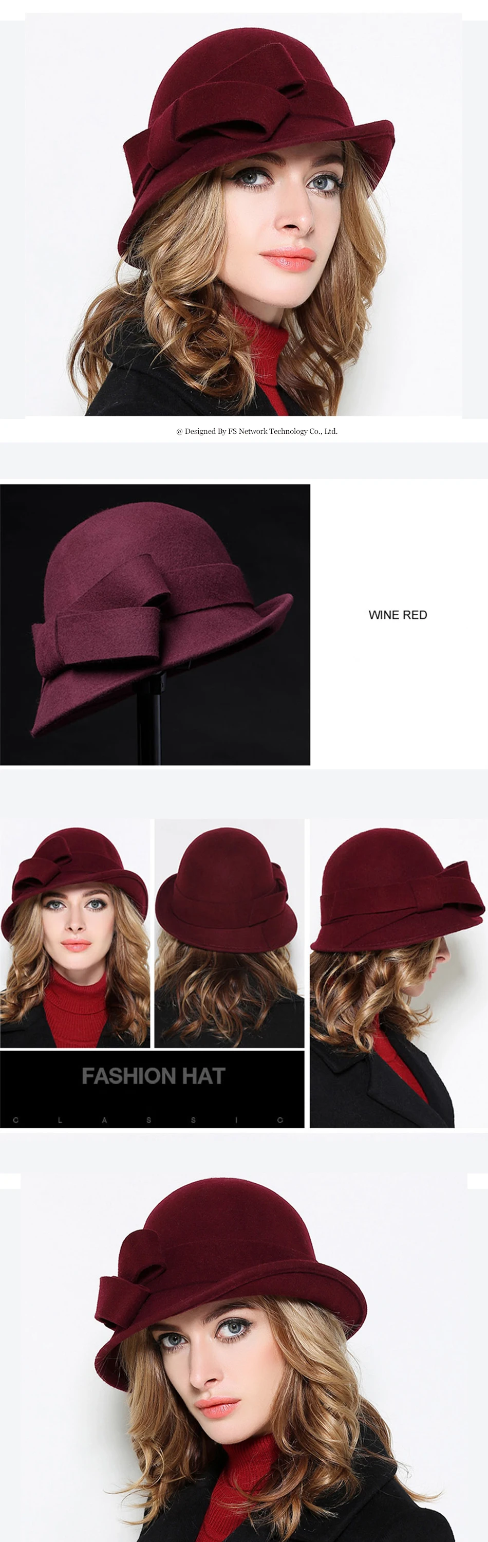 FS шерстяная фетровая шляпа-котелок для женщин, Элегантная Дамская винтажная шляпа с широкими полями, зимний церковный колокол, шапки с бантом, винно-Красная шапка