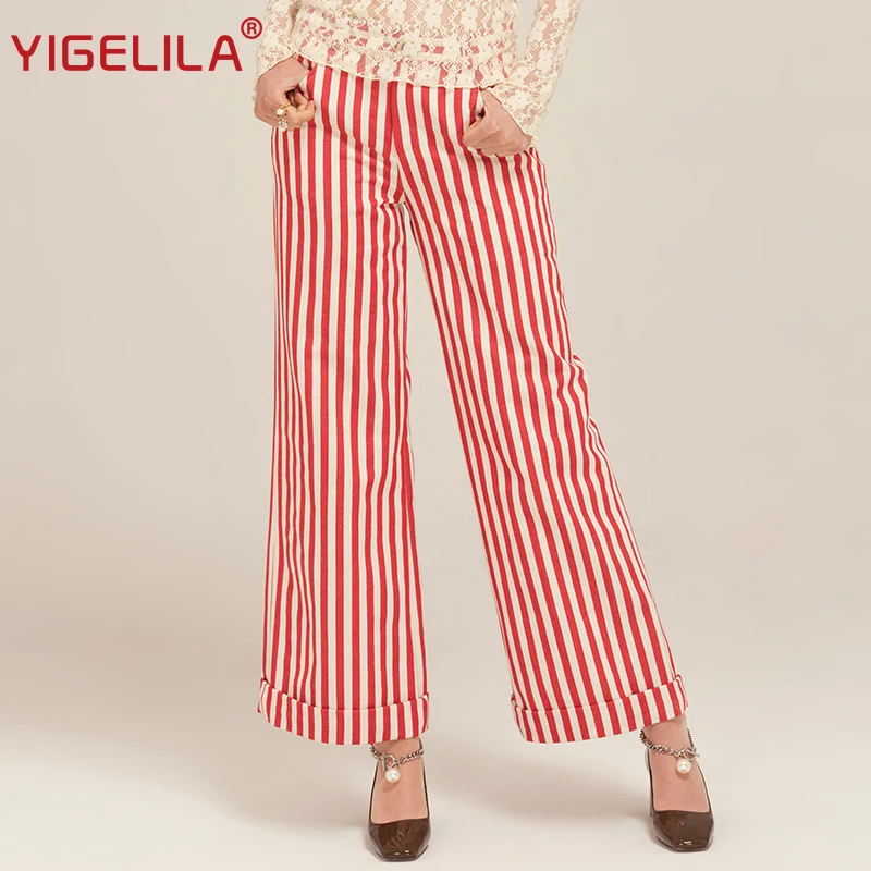 YIGELILA 2019 nuevos Pantalones mujer de moda a rayas rojas de Slim Casual pantalones de pierna ancha 5385 - AliExpress Mobile