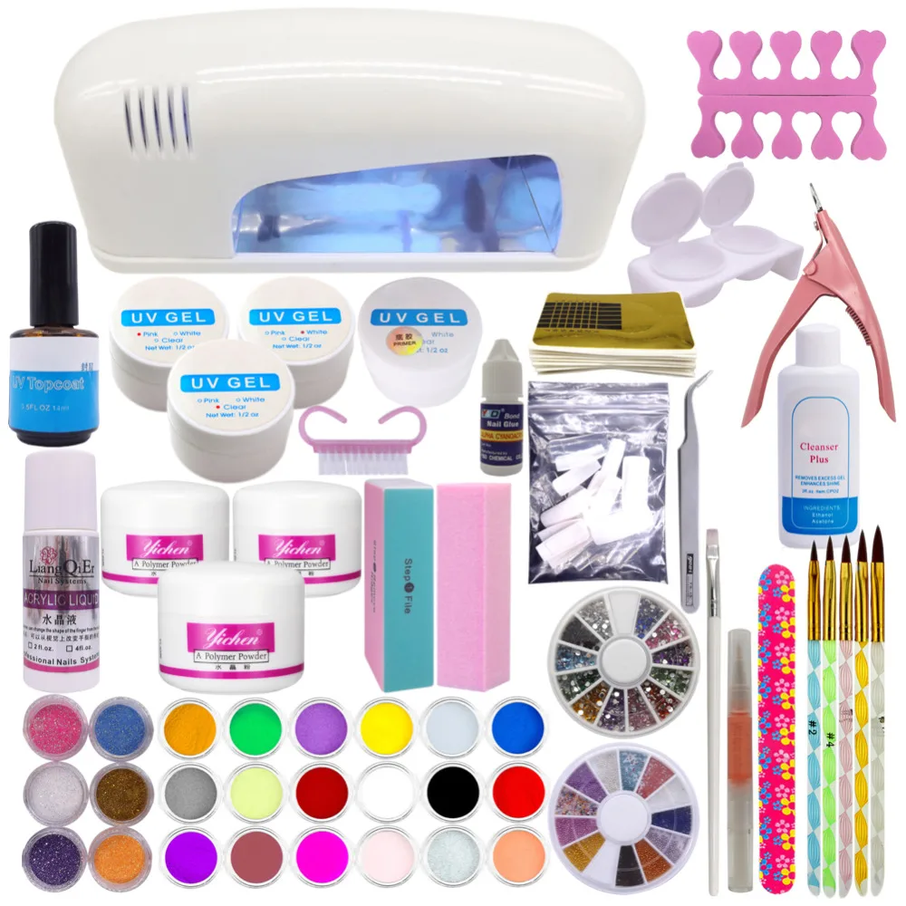 

9W UV White Dryer Lamp 18 Color Acrylic Powder Rhinestones UV Gel Nail Art Kit Gel Tools Set