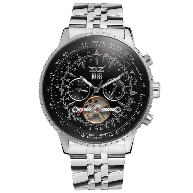 Мужские часы-авиаторы, серебристые, из нержавеющей стали, дизайн Toubillion, со шкалой циферблата, мужские часы, автоматические наручные часы для мужчин - Цвет: Silver Black
