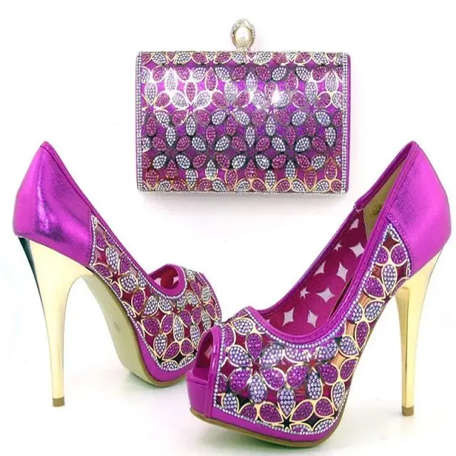 

Beautiful purple women pumps with rhinestone flower design for dress african shoes match handbag set V60
