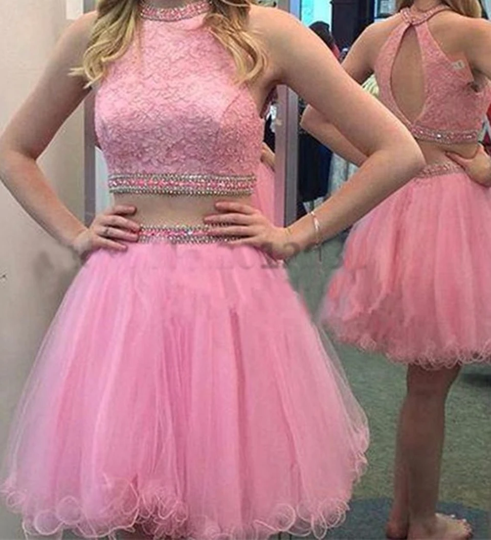 Pretty Short Pink Prom Dress Beaded Lace Two Piece Prom Dresses 2016