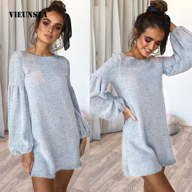 

VIEUNSTA 2018 Women Lantern Long Sleeve Knitted Sweater Dress Elegant Autumn Winter Dress Casual O Neck Solid Mini Short Dresses