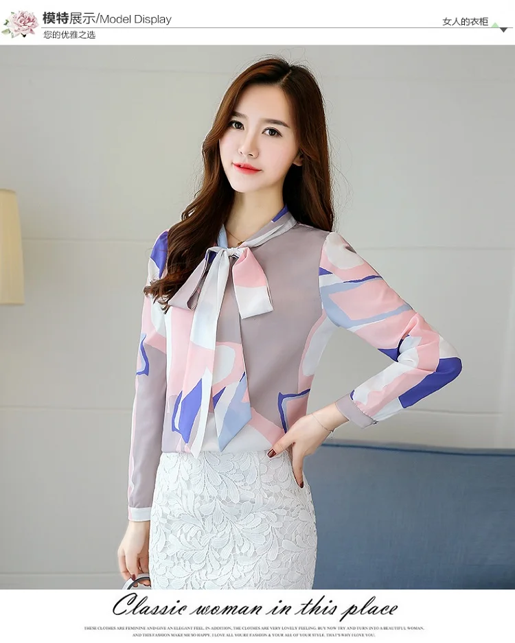 Fashion Spring Autumn Print Bow Collar Womens  Long Sleeve Office Lady Tops Elegant Chiffon Blusas Shirts Slim Casual Blouses