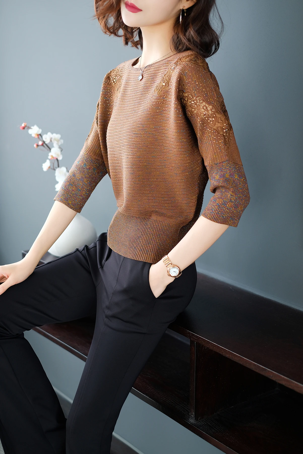 YISU свитера женские весенний женский вязаный пуловер модный короткий рукав свободный кружевной полый свитер Свободный пуловер женский