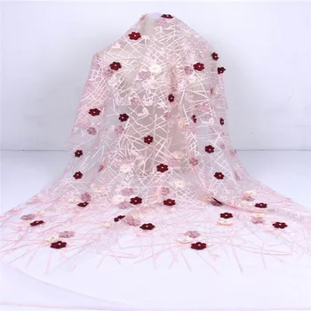 

High Quality African Lace Fabric 2019 Latest 3d Flower Tulle Lace Nigerian Lace With Beads And Feather For Wedding